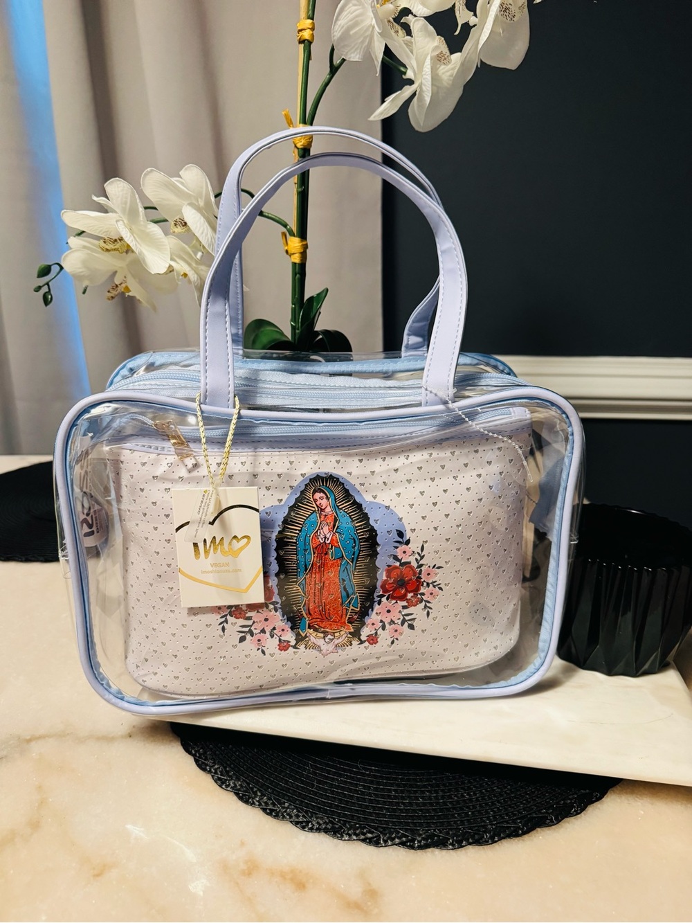 Light Blue Clear Travel Tote with Religious Print Pouch